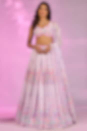 Lilac Double Georgette Floral Printed & Crystal Embroidered Wedding Lehenga Set by LABEL PRIYANKA KAR at Pernia's Pop Up Shop