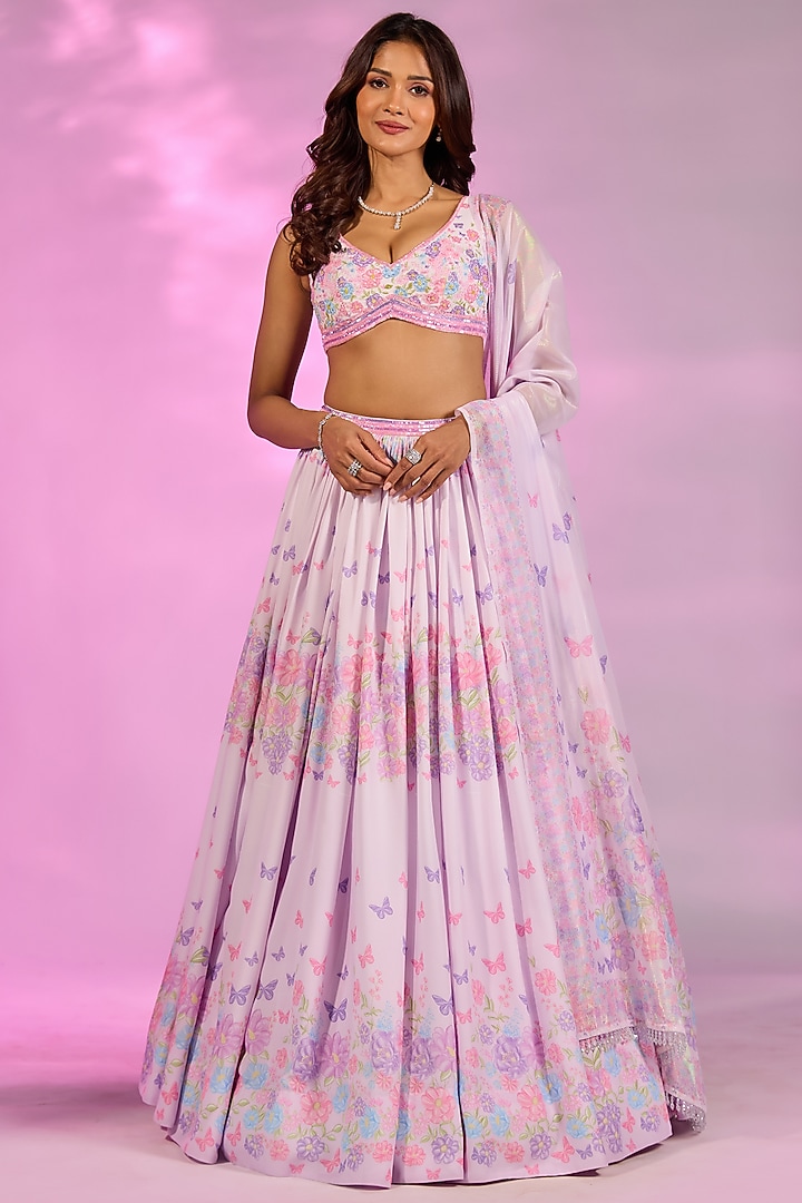 Lilac Double Georgette Floral Printed & Crystal Embroidered Wedding Lehenga Set by LABEL PRIYANKA KAR at Pernia's Pop Up Shop