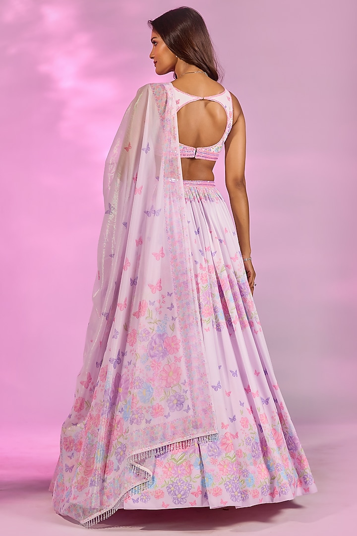 Lilac Double Georgette Floral Printed & Crystal Embroidered Wedding Lehenga Set by LABEL PRIYANKA KAR at Pernia's Pop Up Shop