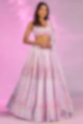 Lilac Double Georgette Floral Printed & Crystal Embroidered Wedding Lehenga Set by LABEL PRIYANKA KAR at Pernia's Pop Up Shop