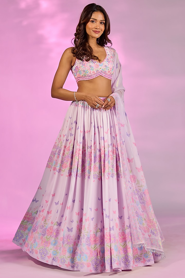 Lilac Double Georgette Floral Printed & Crystal Embroidered Wedding Lehenga Set by LABEL PRIYANKA KAR at Pernia's Pop Up Shop