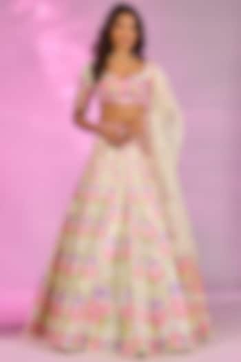 Lime Yellow Crystal Fabric Printed & Embroidered Wedding Lehenga Set by LABEL PRIYANKA KAR at Pernia's Pop Up Shop