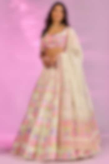 Lime Yellow Crystal Fabric Printed & Embroidered Wedding Lehenga Set by LABEL PRIYANKA KAR at Pernia's Pop Up Shop