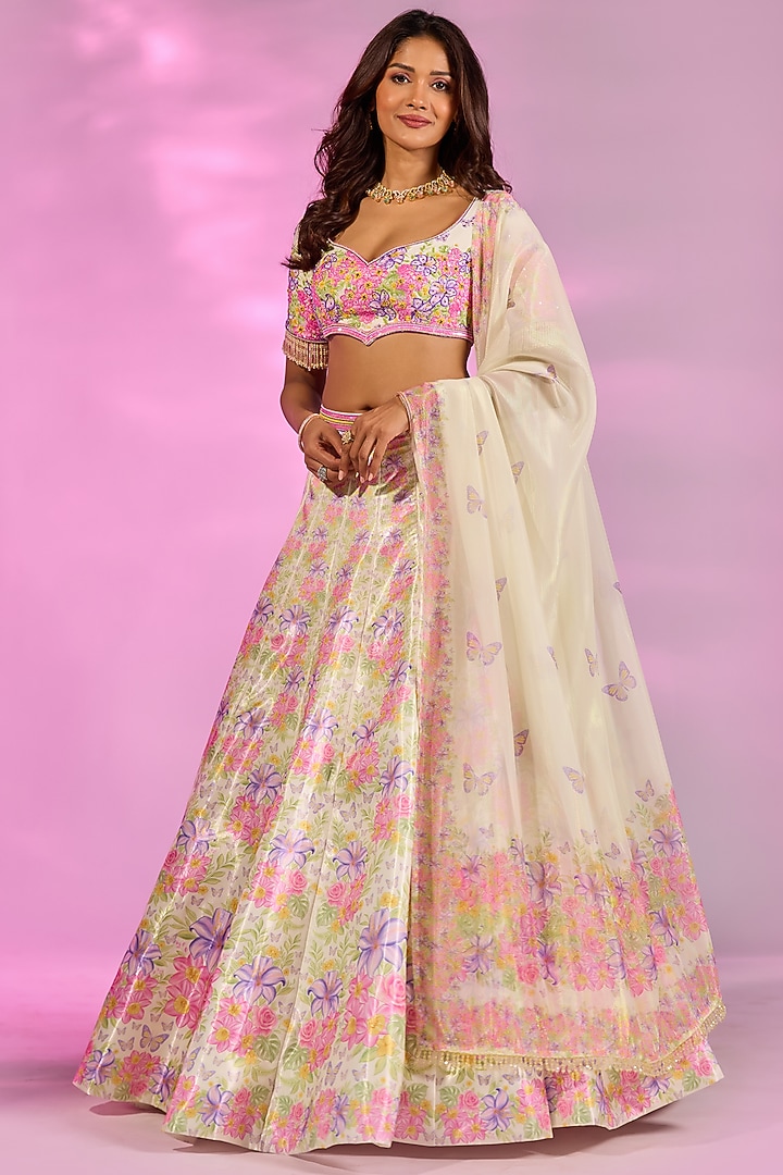 Lime Yellow Crystal Fabric Printed & Embroidered Wedding Lehenga Set by LABEL PRIYANKA KAR at Pernia's Pop Up Shop