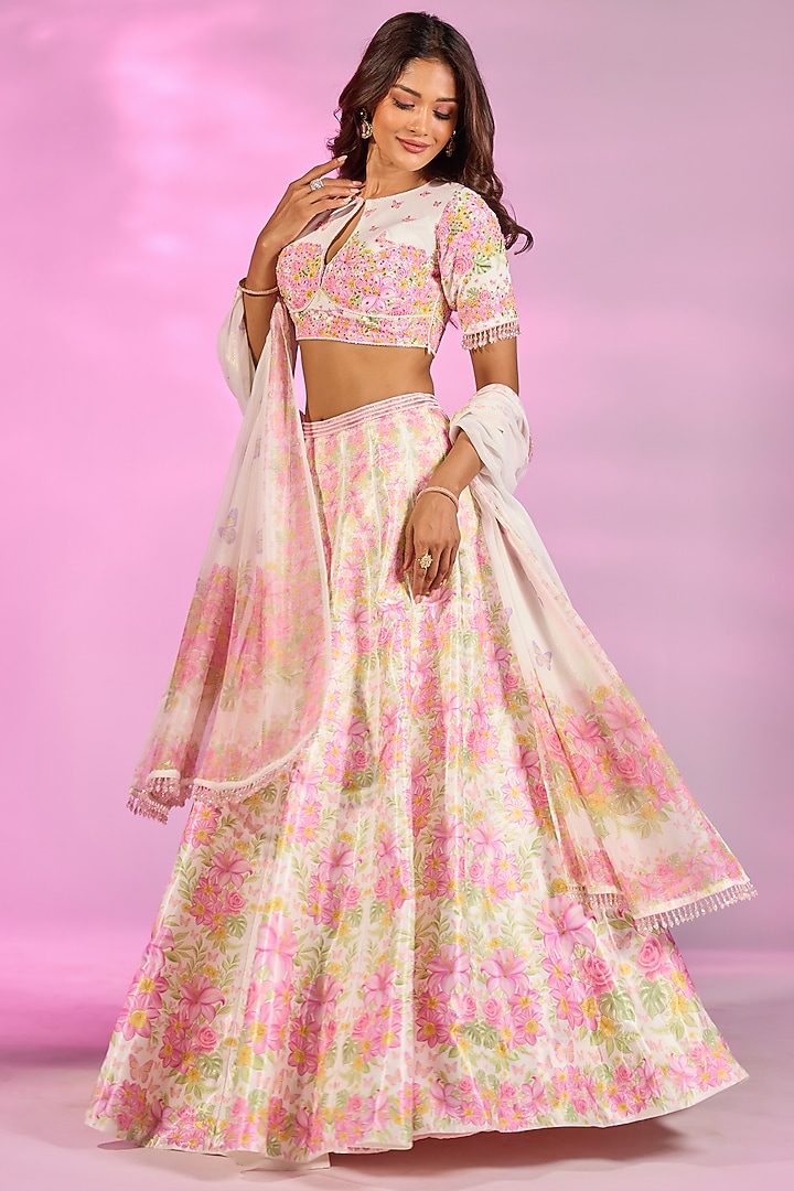 Ivory & Pink Crystal Fabric Floral Printed Wedding Lehenga Set by LABEL PRIYANKA KAR at Pernia's Pop Up Shop