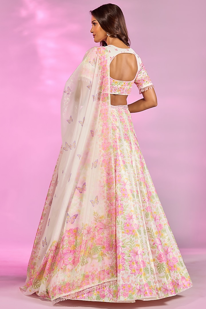 Ivory & Pink Crystal Fabric Floral Printed Wedding Lehenga Set by LABEL PRIYANKA KAR at Pernia's Pop Up Shop