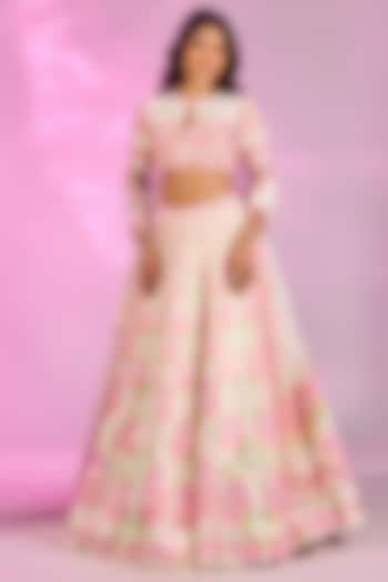 Ivory & Pink Crystal Fabric Floral Printed Wedding Lehenga Set by LABEL PRIYANKA KAR at Pernia's Pop Up Shop