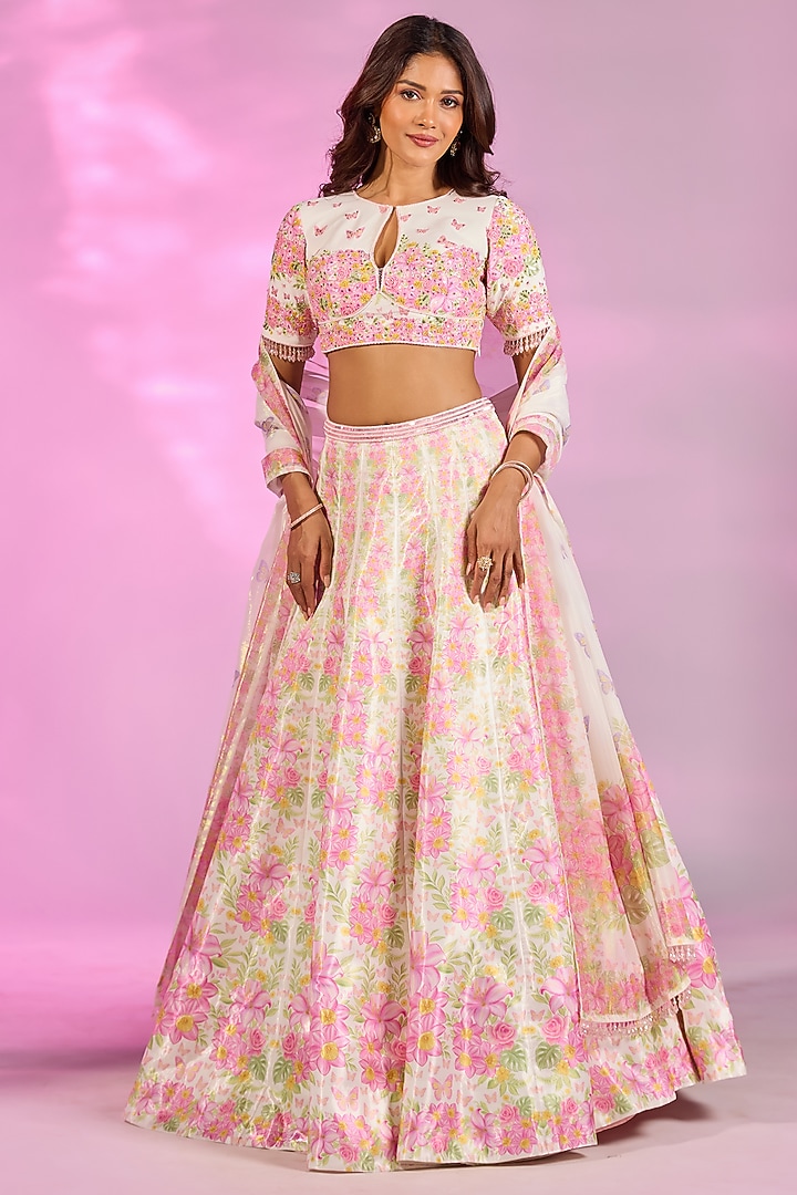 Ivory & Pink Crystal Fabric Floral Printed Wedding Lehenga Set by LABEL PRIYANKA KAR at Pernia's Pop Up Shop