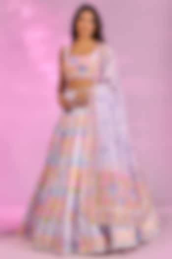 Lilac Crystal Fabric Floral Printed & Hand Embroidered Wedding Lehenga Set by LABEL PRIYANKA KAR at Pernia's Pop Up Shop