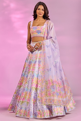 Lilac Crystal Fabric Floral Printed & Hand Embroidered Lehenga Set by LABEL PRIYANKA KAR