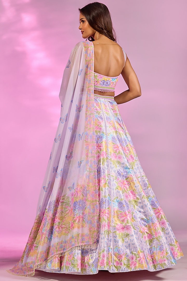 Lilac Crystal Fabric Floral Printed & Hand Embroidered Wedding Lehenga Set by LABEL PRIYANKA KAR at Pernia's Pop Up Shop