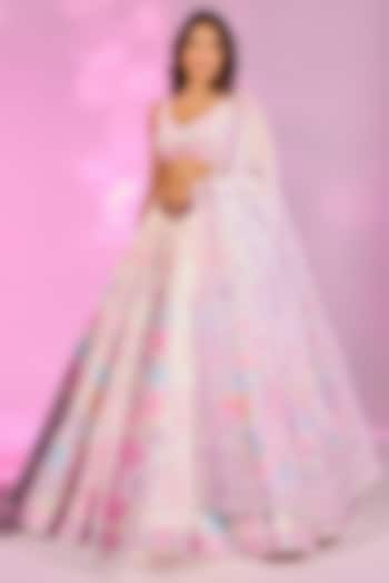 Blush Pink Crystal Fabric Floral Printed & Hand Embroidered Wedding Lehenga Set by LABEL PRIYANKA KAR at Pernia's Pop Up Shop