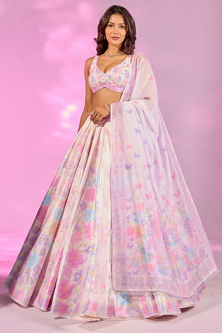 Blush Pink Crystal Fabric Floral Printed & Hand Embroidered Wedding Lehenga Set by LABEL PRIYANKA KAR at Pernia's Pop Up Shop