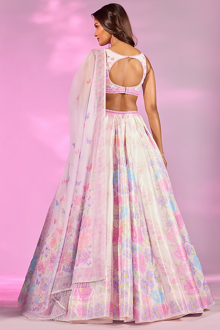 Blush Pink Crystal Fabric Floral Printed & Hand Embroidered Wedding Lehenga Set by LABEL PRIYANKA KAR at Pernia's Pop Up Shop