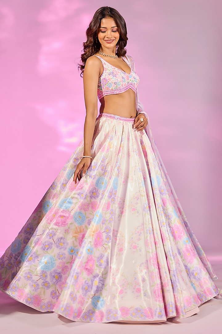 Blush Pink Crystal Fabric Floral Printed & Hand Embroidered Wedding Lehenga Set by LABEL PRIYANKA KAR at Pernia's Pop Up Shop
