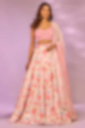 Cherry Red & Ivory Crystal Fabric Floral Printed Wedding Lehenga Set by LABEL PRIYANKA KAR at Pernia's Pop Up Shop