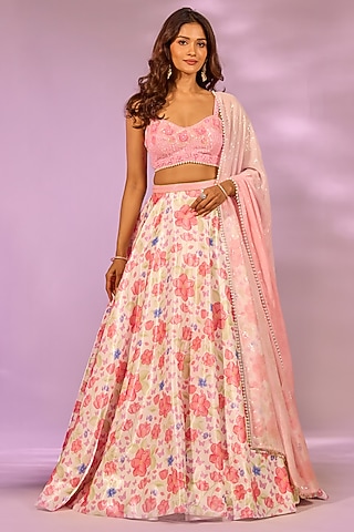 Cherry Red & Ivory Crystal Fabric Floral Printed Lehenga Set by LABEL PRIYANKA KAR