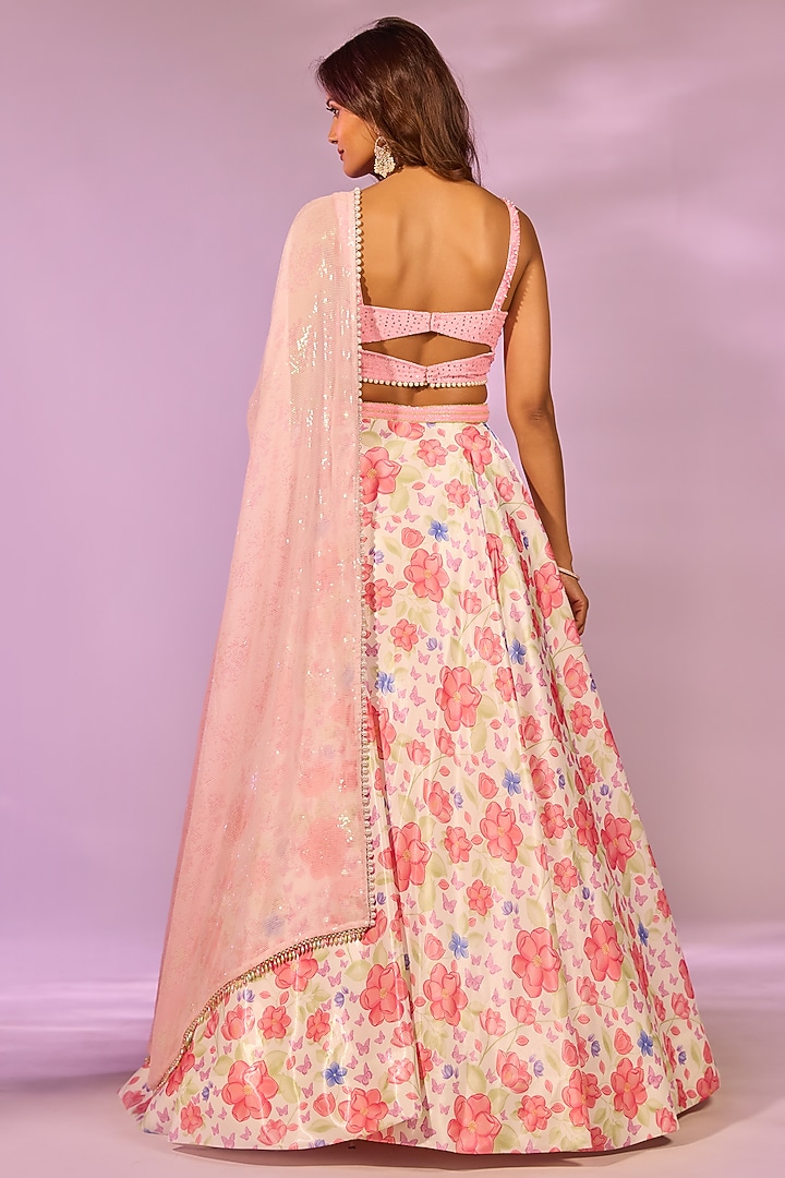 Cherry Red & Ivory Crystal Fabric Floral Printed Wedding Lehenga Set by LABEL PRIYANKA KAR at Pernia's Pop Up Shop