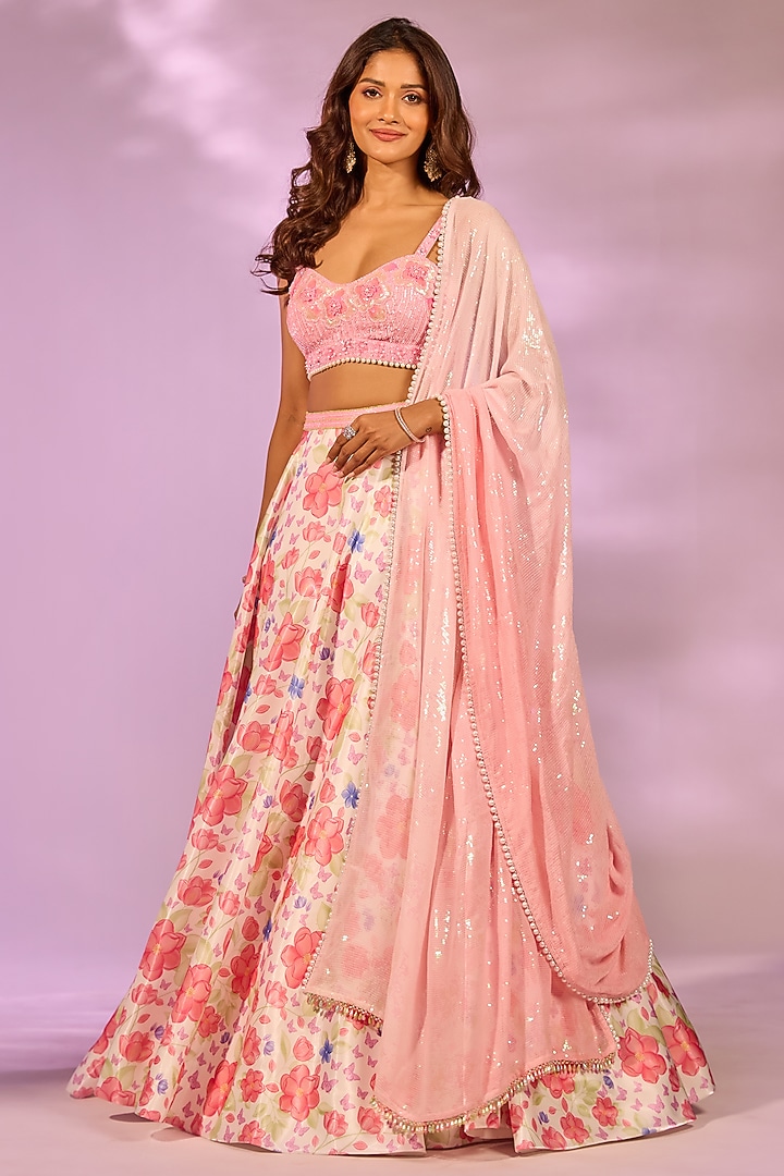 Cherry Red & Ivory Crystal Fabric Floral Printed Wedding Lehenga Set by LABEL PRIYANKA KAR at Pernia's Pop Up Shop