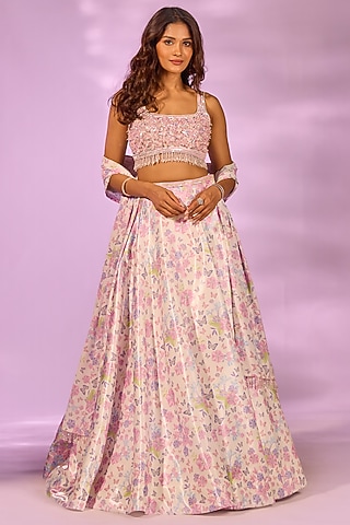 Ivory Crystal Fabric Floral Printed & Hand Embroidered Lehenga Set by LABEL PRIYANKA KAR
