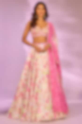Ivory & Pink Crystal Fabric Floral Printed Wedding Lehenga Set by LABEL PRIYANKA KAR at Pernia's Pop Up Shop