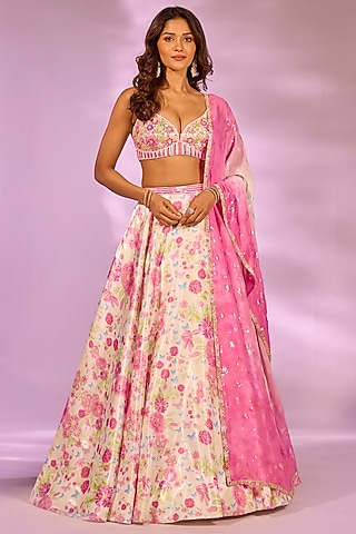 Ivory & Pink Crystal Fabric Floral Printed Lehenga Set by LABEL PRIYANKA KAR