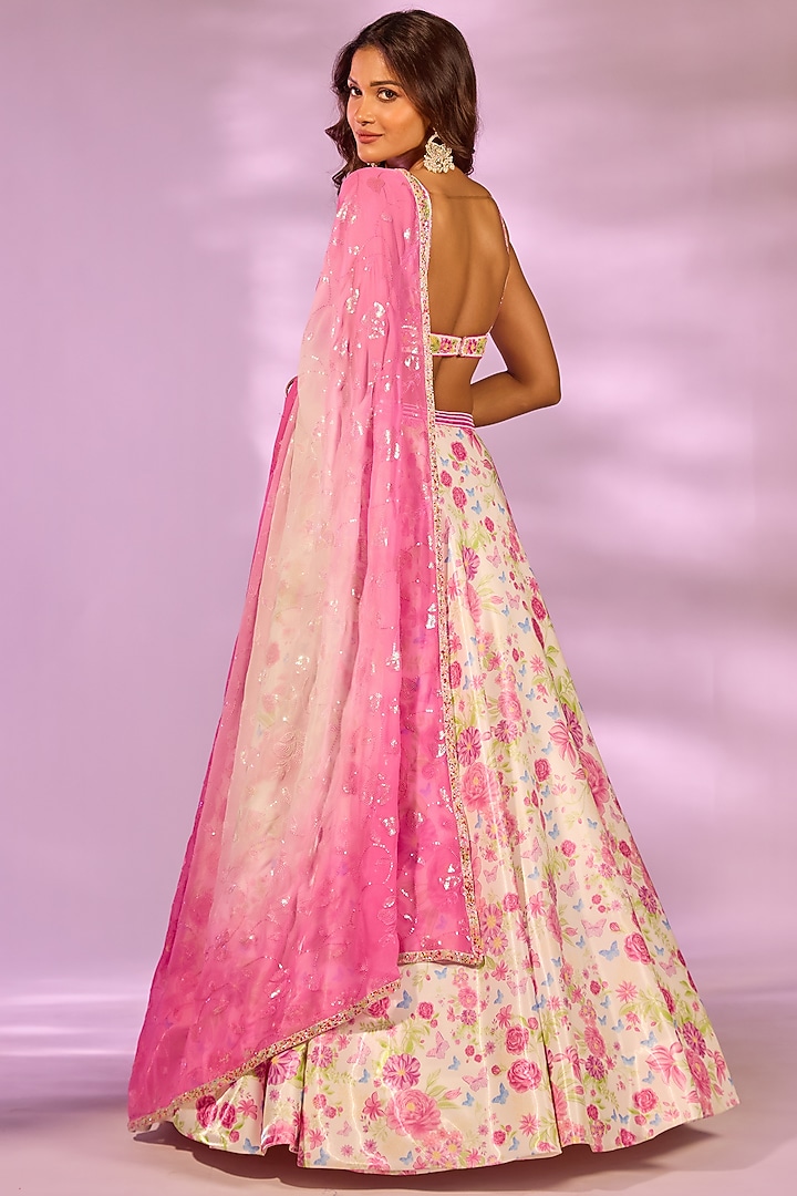 Ivory & Pink Crystal Fabric Floral Printed Wedding Lehenga Set by LABEL PRIYANKA KAR at Pernia's Pop Up Shop