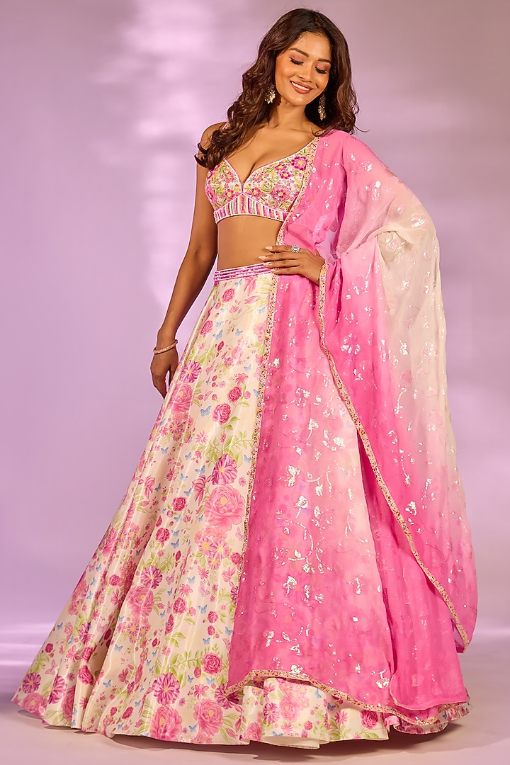 Ivory & Pink Crystal Fabric Floral Printed Wedding Lehenga Set by LABEL PRIYANKA KAR at Pernia's Pop Up Shop