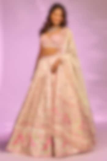 Cream Crystal Fabric Floral Printed & Hand Embroidered Wedding Lehenga Set by LABEL PRIYANKA KAR at Pernia's Pop Up Shop