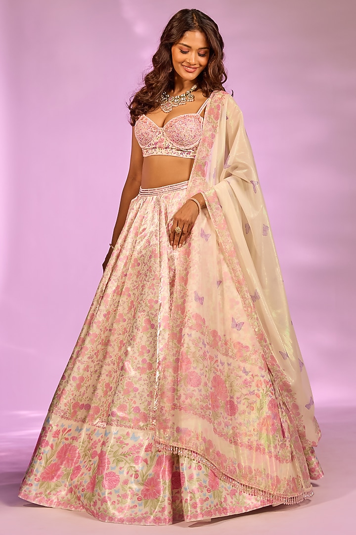 Cream Crystal Fabric Floral Printed & Hand Embroidered Wedding Lehenga Set by LABEL PRIYANKA KAR at Pernia's Pop Up Shop