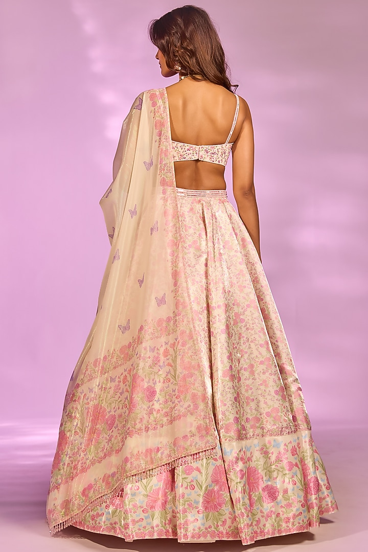 Cream Crystal Fabric Floral Printed & Hand Embroidered Wedding Lehenga Set by LABEL PRIYANKA KAR at Pernia's Pop Up Shop