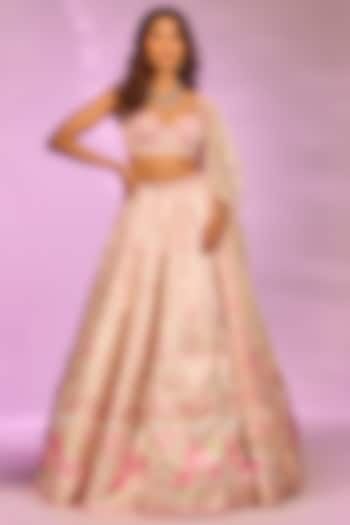 Cream Crystal Fabric Floral Printed & Hand Embroidered Wedding Lehenga Set by LABEL PRIYANKA KAR at Pernia's Pop Up Shop
