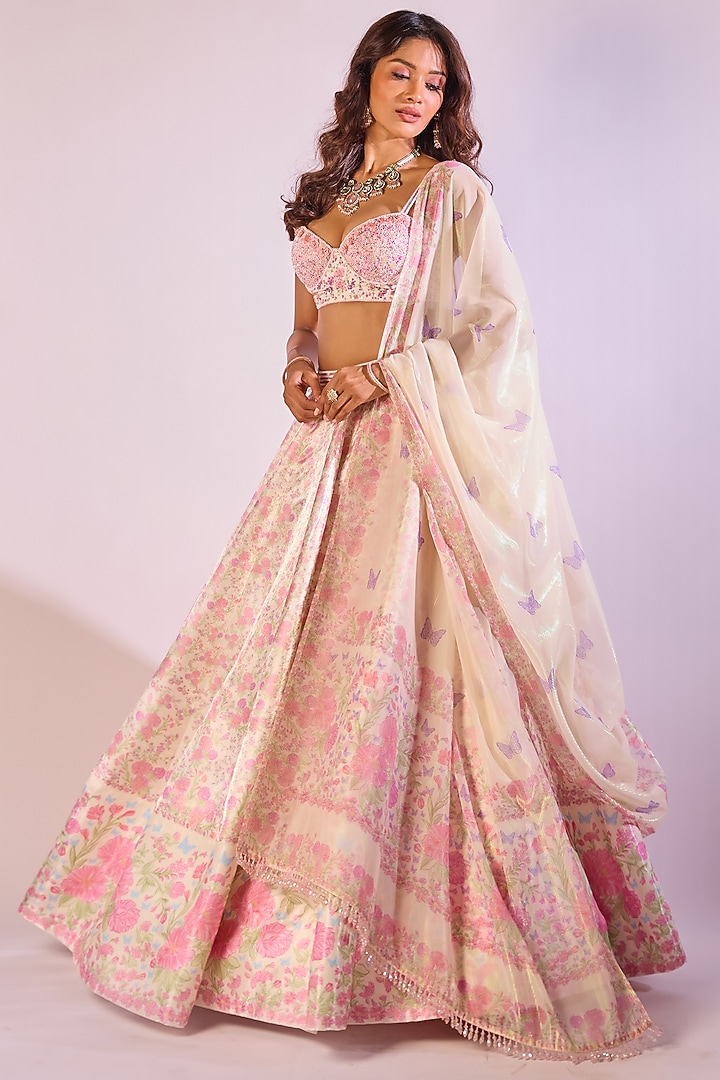 Cream Crystal Fabric Floral Printed & Hand Embroidered Wedding Lehenga Set by LABEL PRIYANKA KAR at Pernia's Pop Up Shop