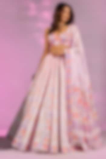 Pink & Orange Crystal Fabric Floral Printed Wedding Lehenga Set by LABEL PRIYANKA KAR at Pernia's Pop Up Shop