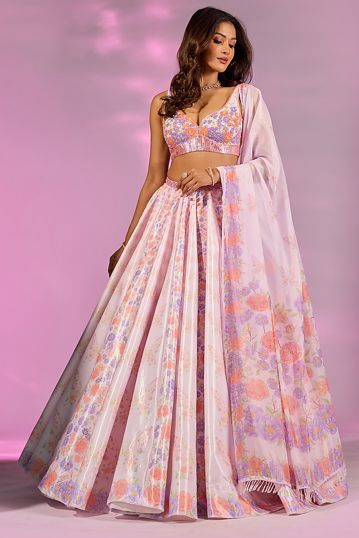 Pink & Orange Crystal Fabric Floral Printed Wedding Lehenga Set by LABEL PRIYANKA KAR at Pernia's Pop Up Shop