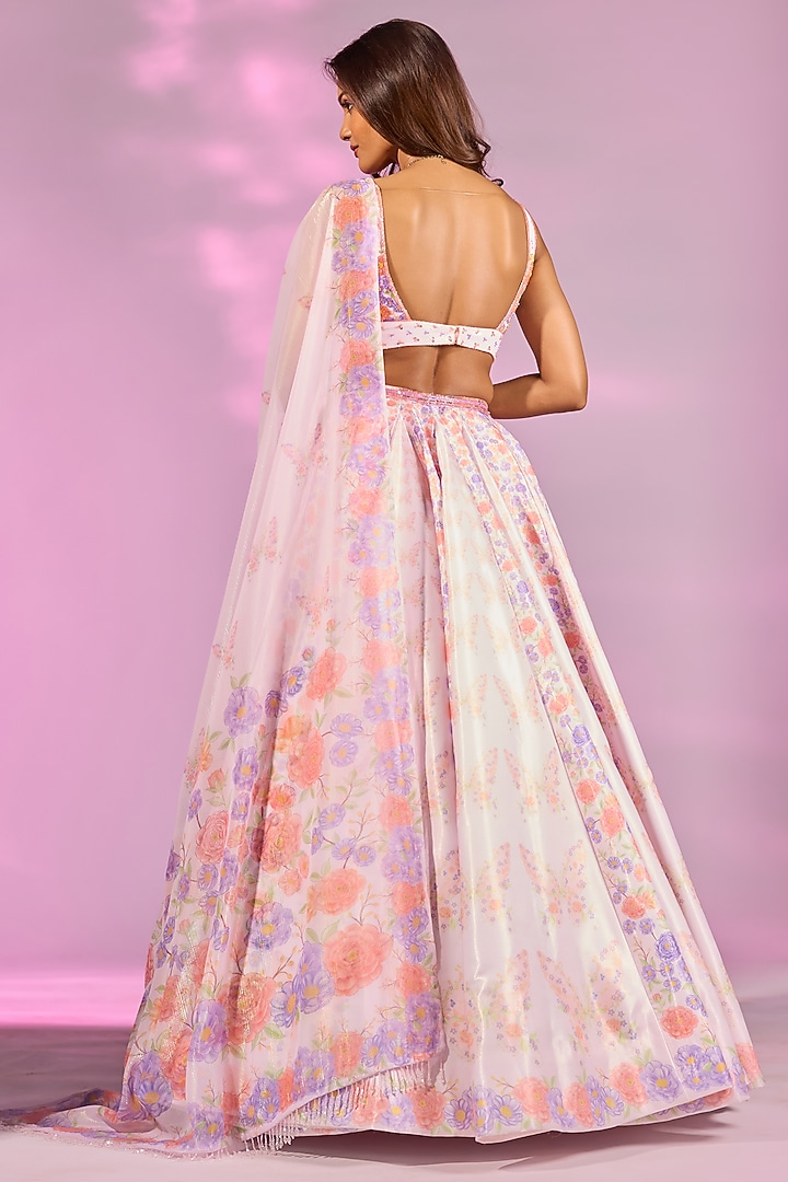 Pink & Orange Crystal Fabric Floral Printed Wedding Lehenga Set by LABEL PRIYANKA KAR at Pernia's Pop Up Shop