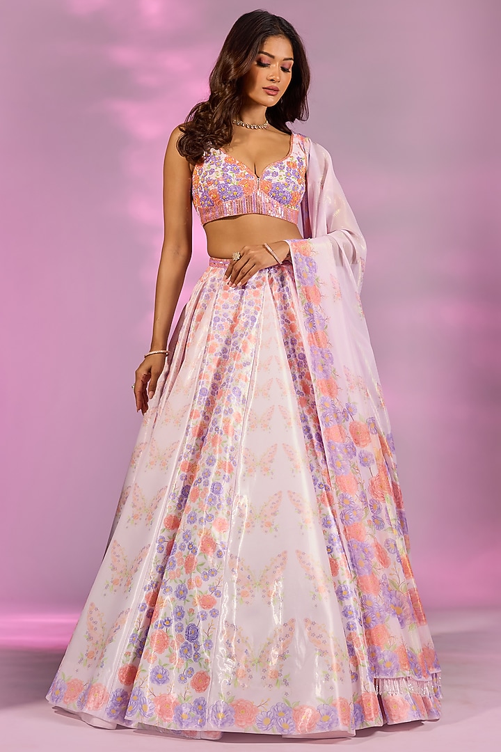 Pink & Orange Crystal Fabric Floral Printed Wedding Lehenga Set by LABEL PRIYANKA KAR at Pernia's Pop Up Shop