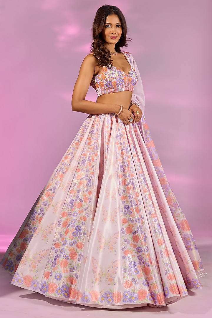 Pink & Orange Crystal Fabric Floral Printed Wedding Lehenga Set by LABEL PRIYANKA KAR at Pernia's Pop Up Shop