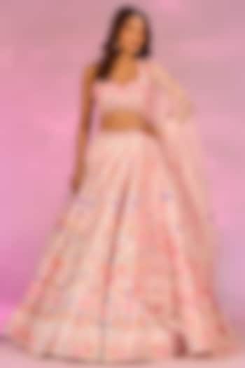 Peach Crystal Fabric Floral Printed & Hand Embroidered Wedding Lehenga Set by LABEL PRIYANKA KAR at Pernia's Pop Up Shop