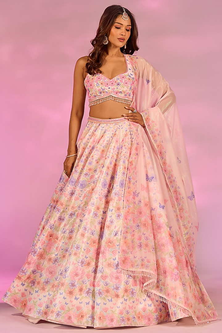 Peach Crystal Fabric Floral Printed & Hand Embroidered Wedding Lehenga Set by LABEL PRIYANKA KAR at Pernia's Pop Up Shop