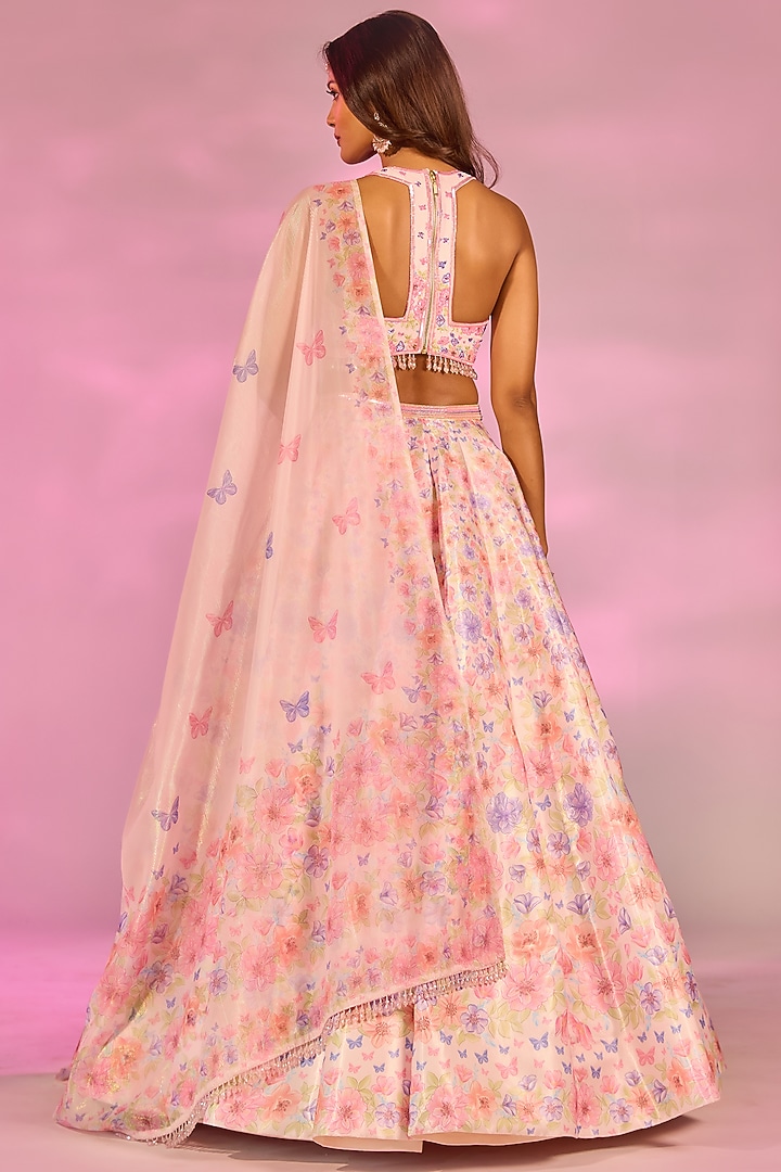 Peach Crystal Fabric Floral Printed & Hand Embroidered Wedding Lehenga Set by LABEL PRIYANKA KAR at Pernia's Pop Up Shop