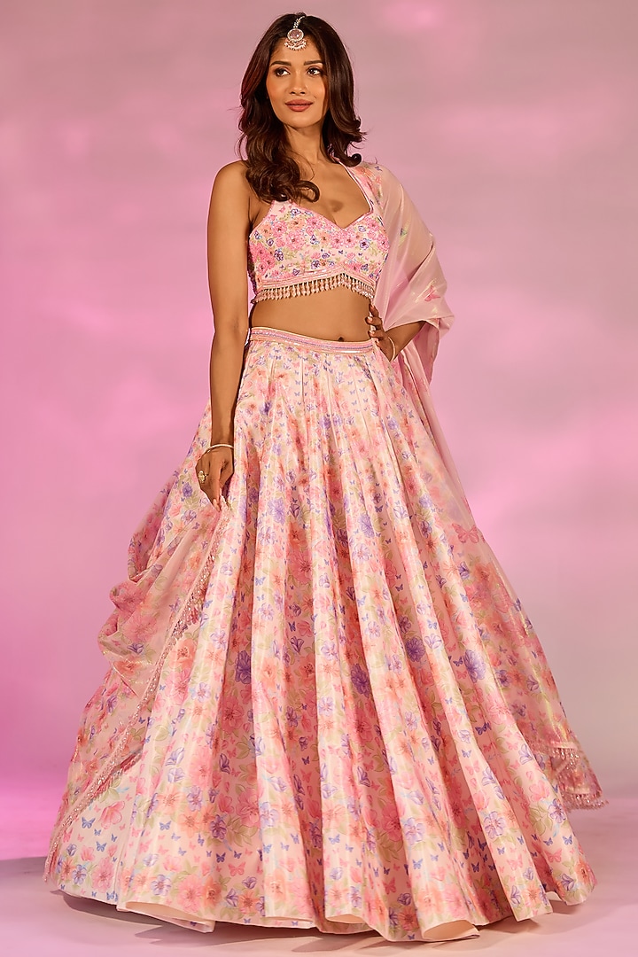 Peach Crystal Fabric Floral Printed & Hand Embroidered Wedding Lehenga Set by LABEL PRIYANKA KAR at Pernia's Pop Up Shop