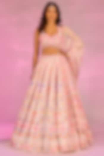 Peach Crystal Fabric Floral Printed & Hand Embroidered Wedding Lehenga Set by LABEL PRIYANKA KAR at Pernia's Pop Up Shop