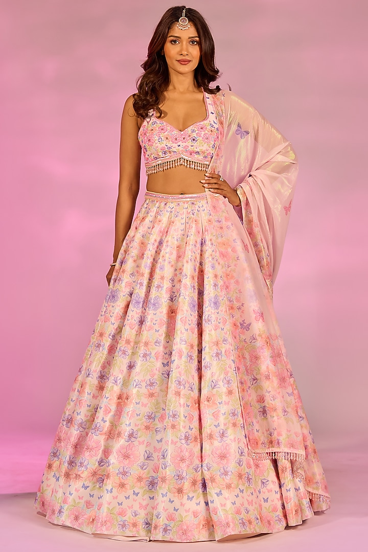 Peach Crystal Fabric Floral Printed & Hand Embroidered Wedding Lehenga Set by LABEL PRIYANKA KAR at Pernia's Pop Up Shop