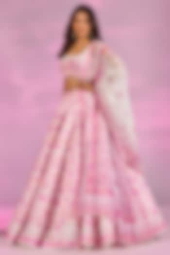 Pink Crystal Fabric Floral Printed & Hand Embroidered Wedding Lehenga Set by LABEL PRIYANKA KAR at Pernia's Pop Up Shop