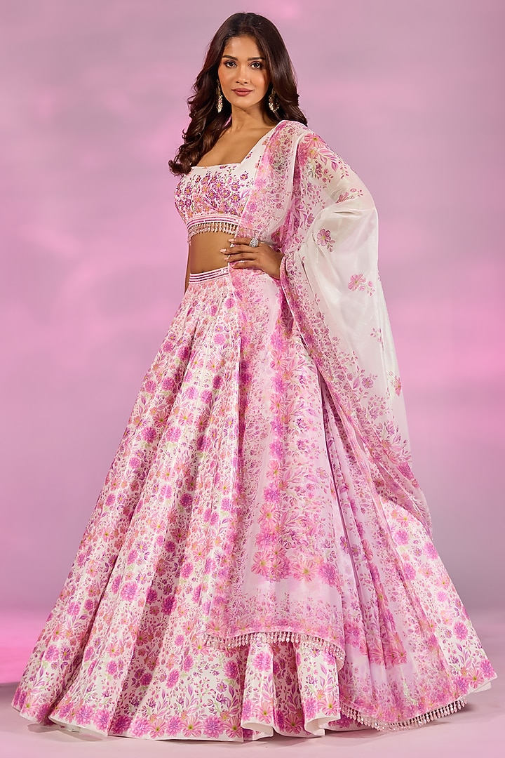 Pink Crystal Fabric Floral Printed & Hand Embroidered Wedding Lehenga Set by LABEL PRIYANKA KAR at Pernia's Pop Up Shop