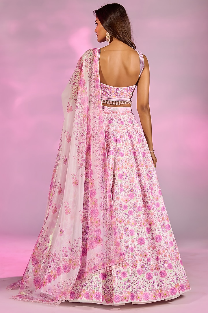 Pink Crystal Fabric Floral Printed & Hand Embroidered Wedding Lehenga Set by LABEL PRIYANKA KAR at Pernia's Pop Up Shop
