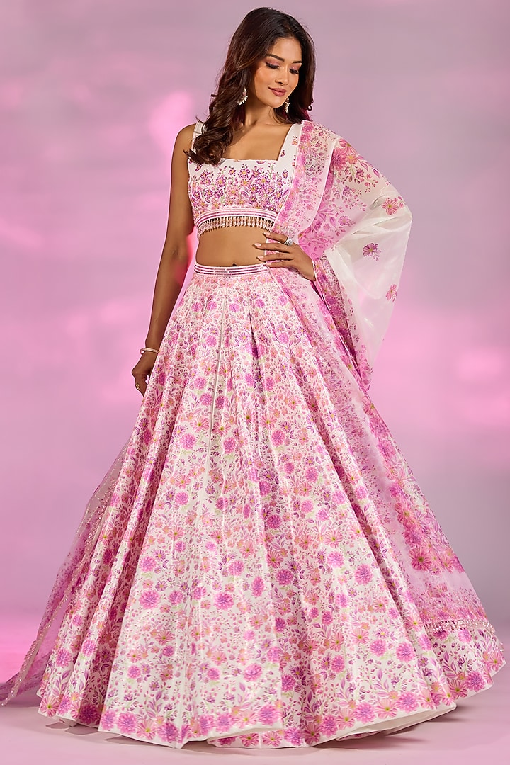 Pink Crystal Fabric Floral Printed & Hand Embroidered Wedding Lehenga Set by LABEL PRIYANKA KAR at Pernia's Pop Up Shop