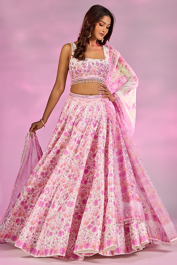 Pink Crystal Fabric Floral Printed & Hand Embroidered Wedding Lehenga Set by LABEL PRIYANKA KAR at Pernia's Pop Up Shop