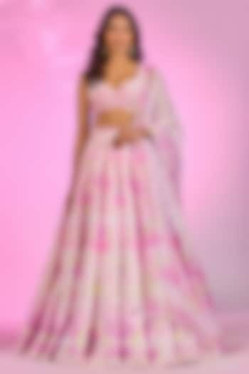 Baby Pink Crystal Fabric Floral Printed & Hand Embroidered Wedding Lehenga Set by LABEL PRIYANKA KAR at Pernia's Pop Up Shop